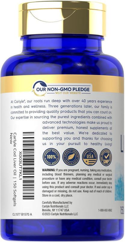 Carlyle Norwegian Cod Liver Oil | with EPA & DHA | 1245mg | 150 Softgels | Liquid Capsules | Non-GMO & Gluten Free Supplement