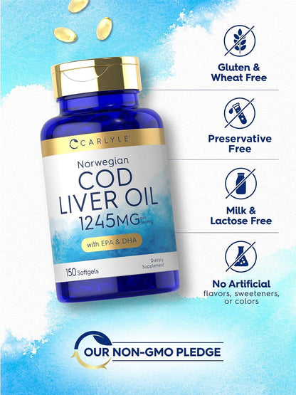 Carlyle Norwegian Cod Liver Oil | with EPA & DHA | 1245mg | 150 Softgels | Liquid Capsules | Non-GMO & Gluten Free Supplement