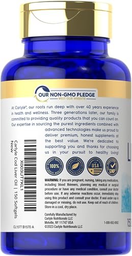 Carlyle Norwegian Cod Liver Oil | with EPA & DHA | 1245mg | 150 Softgels | Liquid Capsules | Non-GMO & Gluten Free Supplement