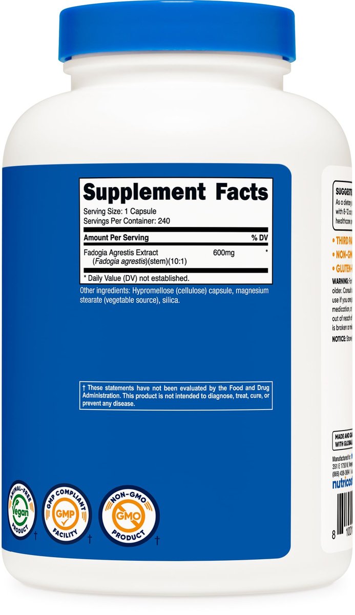 Nutricost Fadogia Agrestis (240 Capsules | 600 mg Per Serving) - Potent 10:1 Extract, Gluten Free, GMO Free Supplement - görsel 8