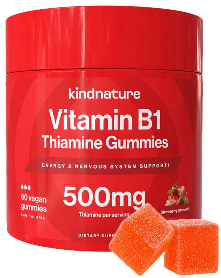 kindnature Vitamin B1 Gummies 500mg – High Potency Thiamine Supplement for Energy, Focus & Nervous System – Vegan, Non-GMO Chewable B1 Vitamins for Adults & Kids – Natural Strawberry Flavor – 60 Ct - görsel 2