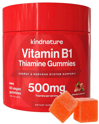 kindnature Vitamin B1 Gummies 500mg – High Potency Thiamine Supplement for Energy, Focus & Nervous System – Vegan, Non-GMO Chewable B1 Vitamins for Adults & Kids – Natural Strawberry Flavor – 60 Ct