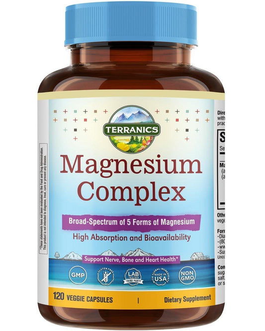 Terranics 5-in-1 Magnesium Complex Supplement 500mg - 5 Forms High Absorption Magnesium Glycinate Citrate Malate Aspartate Gluconate for Sleep Heart Health - Non-GMO 120 Vegan Capsules