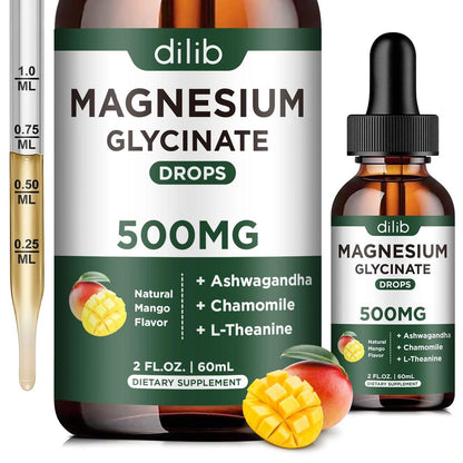 Magnesium Glycinate Supplement, Magnesium Liquid Drops with Magnesium Glycinate 500mg Ashwagandha, L-Theanine, Chamomile - Support Stress Relief, Bone, Muscle, Mood Vegan Natural Mango Flavor