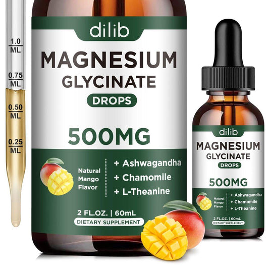 Magnesium Glycinate Supplement, Magnesium Liquid Drops with Magnesium Glycinate 500mg Ashwagandha, L-Theanine, Chamomile - Support Stress Relief, Bone, Muscle, Mood Vegan Natural Mango Flavor
