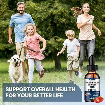 dilib Triple Magnesium Complex Supplement - Magnesium Glycinate, Citrate, Malate Liquid Drops 500mg with Ashwagandha, L-Theanine, Vitamin B6 for Stress Relief, Sleep, Muscle Support - Strawberry Flavor