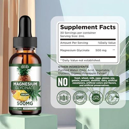 Magnesium Glycinate Supplement, Liquid Magnesium Glycinate Liquid Drops 500mg - Support Stress Relief, Relaxation, Mood, Sleep, Bone & Muscle - 2 Fl Oz, Vegan, Pineapple Flavor