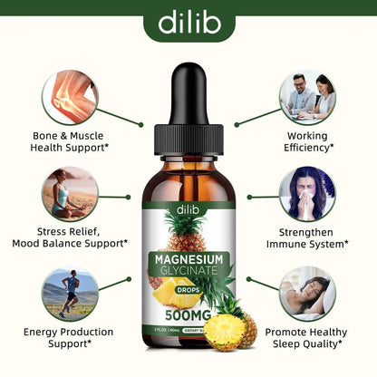 Magnesium Glycinate Supplement, Liquid Magnesium Glycinate Liquid Drops 500mg - Support Stress Relief, Relaxation, Mood, Sleep, Bone & Muscle - 2 Fl Oz, Vegan, Pineapple Flavor
