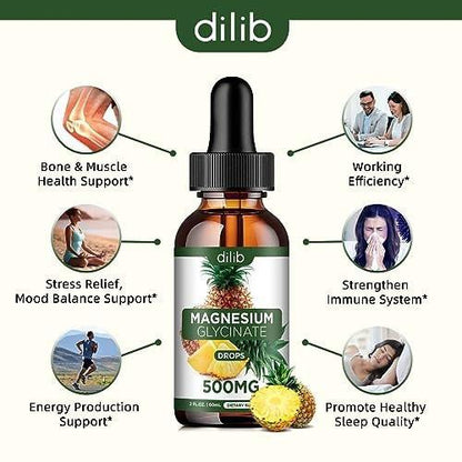 Magnesium Glycinate Supplement, Liquid Magnesium Glycinate Liquid Drops 500mg - Support Stress Relief, Relaxation, Mood, Sleep, Bone & Muscle - 2 Fl Oz, Vegan, Pineapple Flavor
