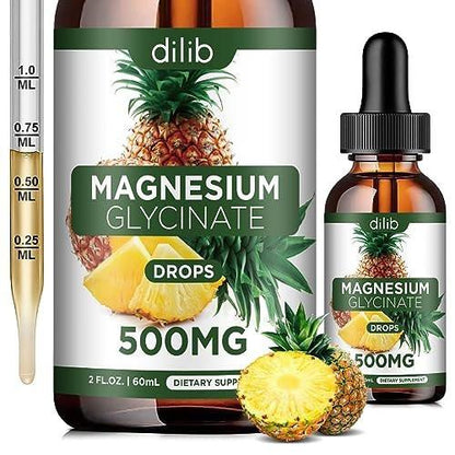 Magnesium Glycinate Supplement, Liquid Magnesium Glycinate Liquid Drops 500mg - Support Stress Relief, Relaxation, Mood, Sleep, Bone & Muscle - 2 Fl Oz, Vegan, Pineapple Flavor