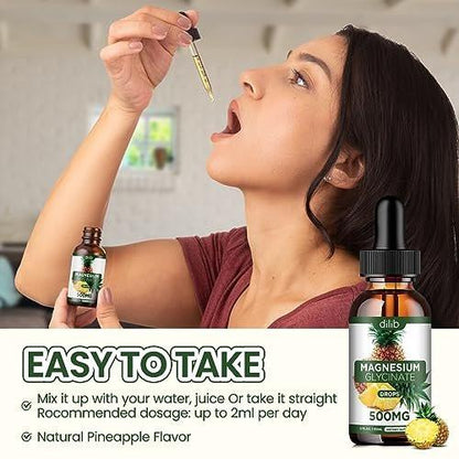 Magnesium Glycinate Supplement, Liquid Magnesium Glycinate Liquid Drops 500mg - Support Stress Relief, Relaxation, Mood, Sleep, Bone & Muscle - 2 Fl Oz, Vegan, Pineapple Flavor