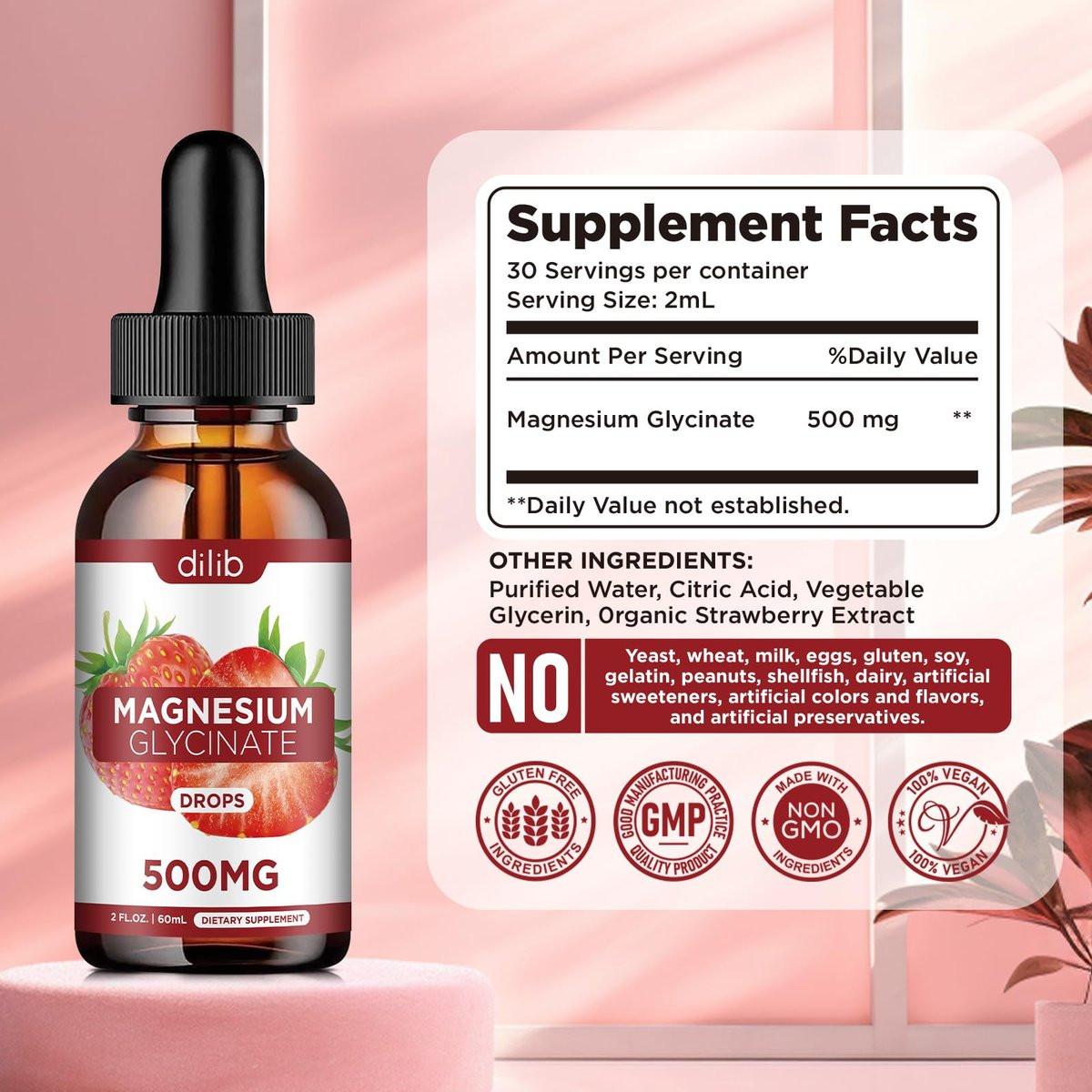 dilib Magnesium Glycinate Supplement, Liquid Magnesium Glycinate Liquid Drops 500mg - Support Stress Relief, Relaxation, Mood, Sleep, Bone & Muscle - 2 Fl Oz, Vegan, Strawberry Flavor - görsel 11