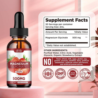 dilib Magnesium Glycinate Supplement, Liquid Magnesium Glycinate Liquid Drops 500mg - Support Stress Relief, Relaxation, Mood, Sleep, Bone & Muscle - 2 Fl Oz, Vegan, Strawberry Flavor