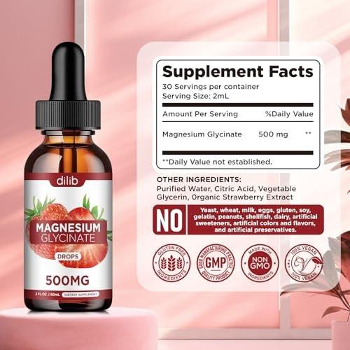 dilib Magnesium Glycinate Supplement, Liquid Magnesium Glycinate Liquid Drops 500mg - Support Stress Relief, Relaxation, Mood, Sleep, Bone & Muscle - 2 Fl Oz, Vegan, Strawberry Flavor - görsel 12