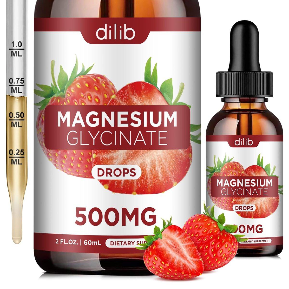 dilib Magnesium Glycinate Supplement, Liquid Magnesium Glycinate Liquid Drops 500mg - Support Stress Relief, Relaxation, Mood, Sleep, Bone & Muscle - 2 Fl Oz, Vegan, Strawberry Flavor - görsel 1