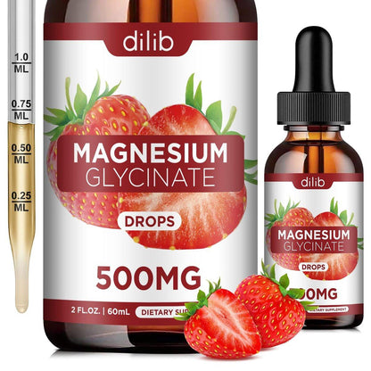 dilib Magnesium Glycinate Supplement, Liquid Magnesium Glycinate Liquid Drops 500mg - Support Stress Relief, Relaxation, Mood, Sleep, Bone & Muscle - 2 Fl Oz, Vegan, Strawberry Flavor