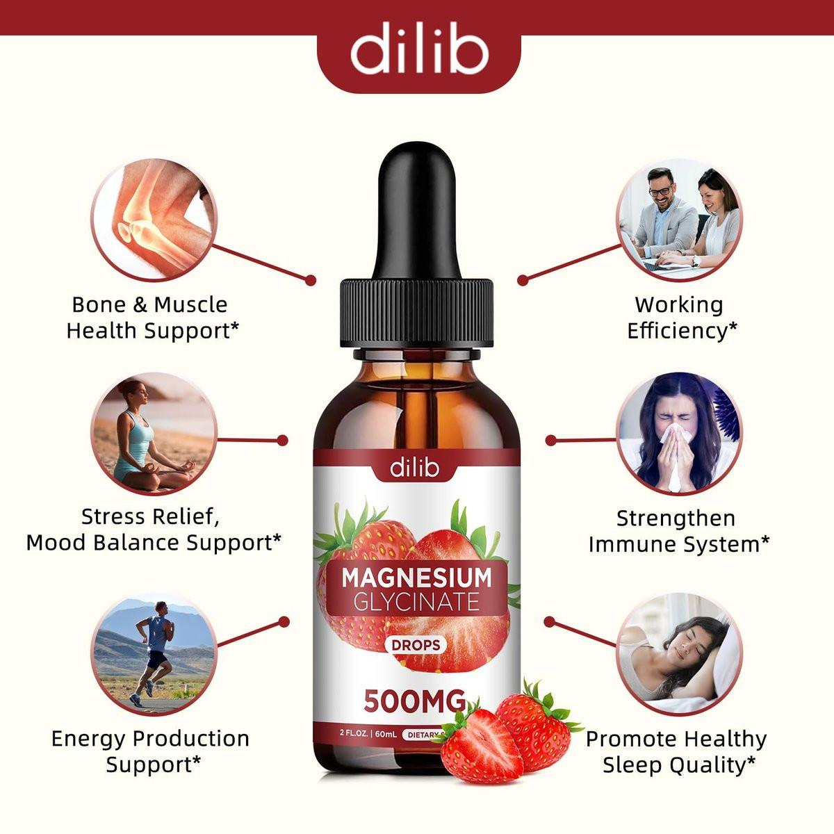 dilib Magnesium Glycinate Supplement, Liquid Magnesium Glycinate Liquid Drops 500mg - Support Stress Relief, Relaxation, Mood, Sleep, Bone & Muscle - 2 Fl Oz, Vegan, Strawberry Flavor - görsel 3