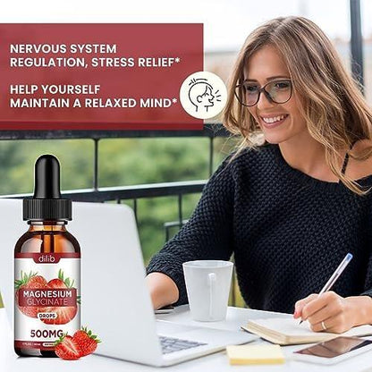 dilib Magnesium Glycinate Supplement, Liquid Magnesium Glycinate Liquid Drops 500mg - Support Stress Relief, Relaxation, Mood, Sleep, Bone & Muscle - 2 Fl Oz, Vegan, Strawberry Flavor