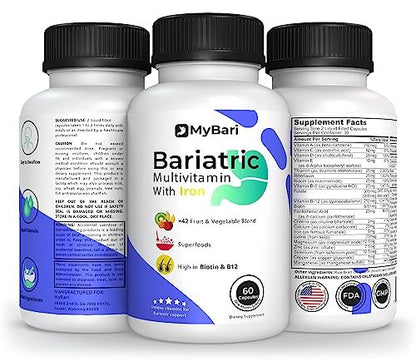MyBari All-in-One Bariatric Multivitamin with Iron - Made in USA - for Men & Women - Supports Gastric Sleeve & Bypass with 42+ Fruit & Veggie Blend - 60 Liquid Capsules