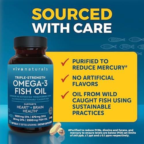Viva Naturals Omega-3 Fish Oil, Triple Strength, 2500 mg, 30 Softgels – Re-Esterified Omega 3 Fatty Acids Including EPA, DHA, DPA - Pascatarian-Friendly - görsel 17