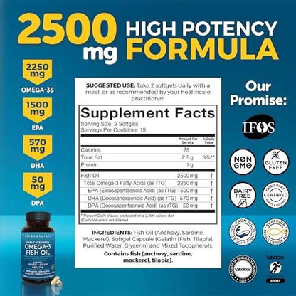 Viva Naturals Omega-3 Fish Oil, Triple Strength, 2500 mg, 30 Softgels – Re-Esterified Omega 3 Fatty Acids Including EPA, DHA, DPA - Pascatarian-Friendly