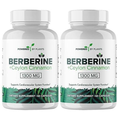 POWERED X PLANTS Pure Berberine Supplement - 1300mg Berberine with Ceylon Cinnamon for Metabolism & Immune System Support - 2 Pack, 120 Servings
