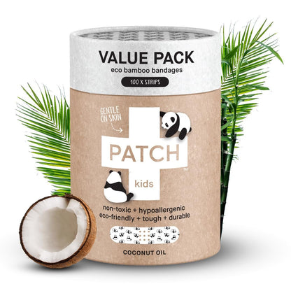 PATCH 100 Pieces, Coconut Oil, Value Pack, Kids Panda Eco-Friendly Bamboo Adhesive Bandages for Scratches & Grazes, Hypoallergenic Wound Care for Sensitive Skin, Biodegradable, Latex & Plastic Free
