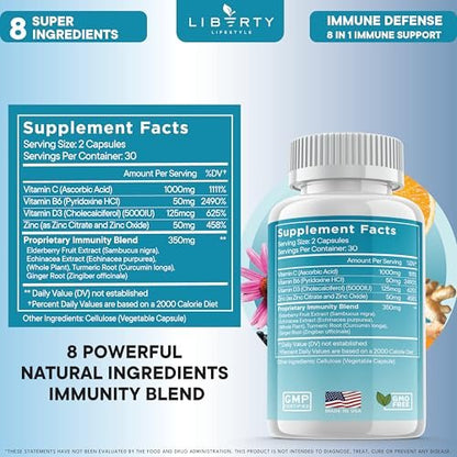 Liberty Lifestyle 8 in 1 Immune Supplement with Echinacea, Vitamin C and Zinc 50mg, Vitamin D 5000 IU, Turmeric Curcumin & Ginger, B6, Elderberry, 60 Capsules