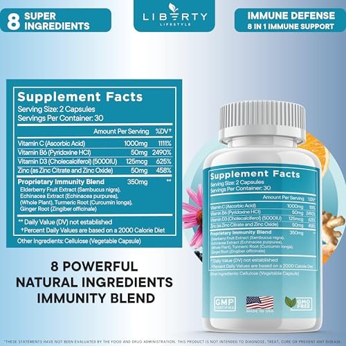 Liberty Lifestyle 8 in 1 Immune Supplement with Echinacea, Vitamin C and Zinc 50mg, Vitamin D 5000 IU, Turmeric Curcumin & Ginger, B6, Elderberry, 60 Capsules - görsel 10