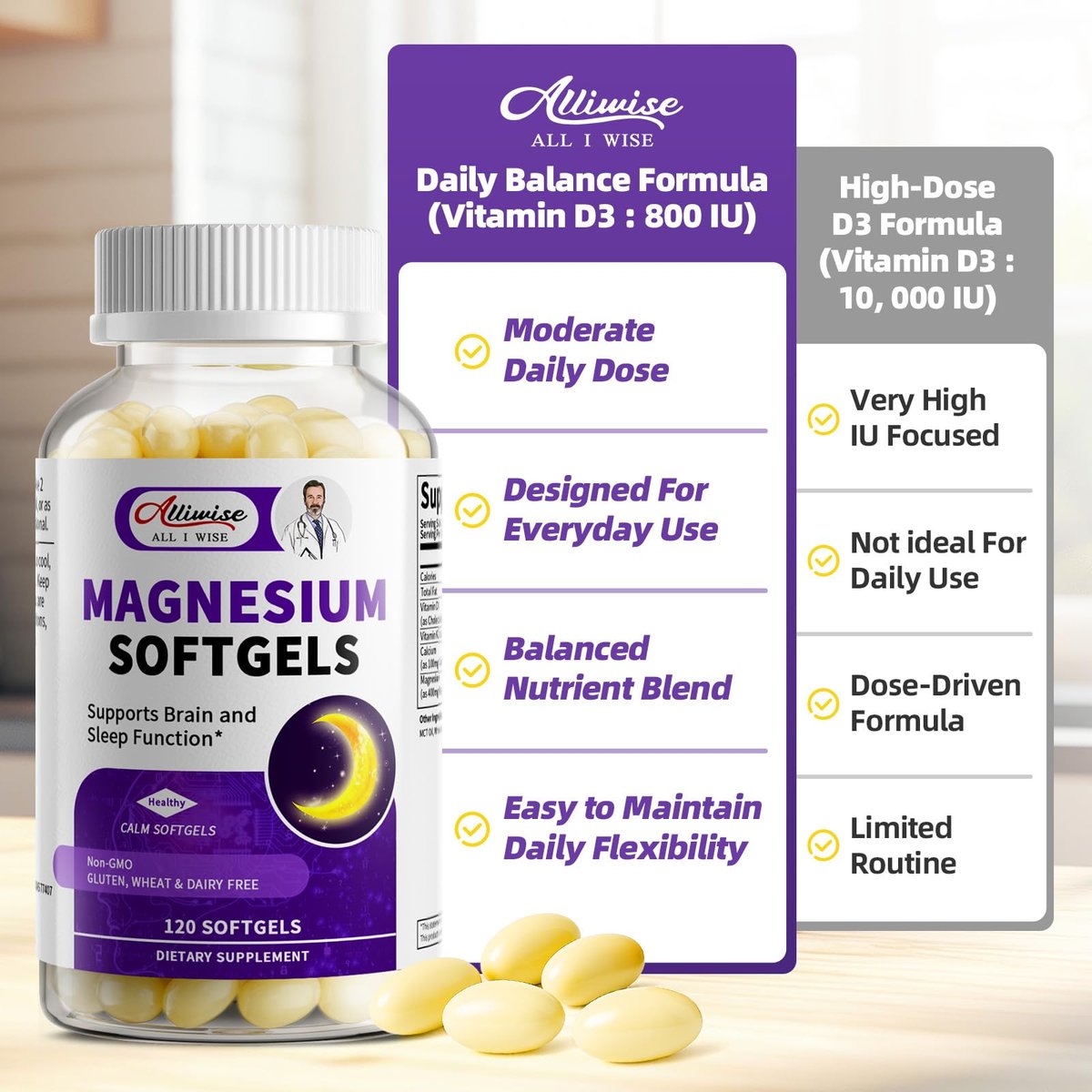 Magnesium Glycinate 400mg Softgels, Small Easy to Swallow High Absorption Magnesium Supplement, with Vitamin D3 & K2 for Sleep Relax Calm Muscle Bone* Health, 120 Gelcaps - görsel 6