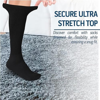 Diamond Star 6 Pairs Diabetic Knee High Socks, Over The Calf Non-Binding Cotton Socks for Men, Comfortable Fit, Men’s Shoe Size 12–14 (6 Pairs Black)