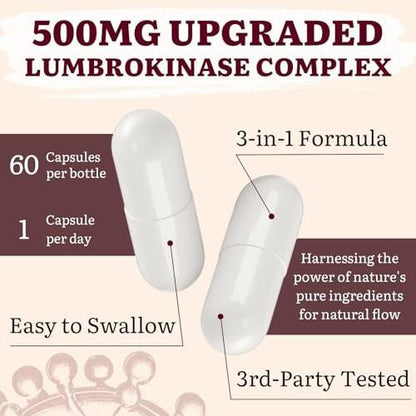 Lumbrokinase 100mg (Max Activity 1,000,000 LKU), Nattokinase 100mg-2,000 FU of Activity and Red Yeast Rice 300mg, Potent Lumbrokinase Enzymes Supplement for Circulatory, Cognition, 60 Capsules (Pack of 1)