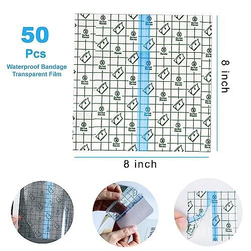 OBTANIM 50 Sheet Transparent Waterproof Stretch Adhesive Bandage Clear Film Dressing Bandages Tape Cover for Tattoo Shower Swimming Protector (8 x 8 Inch) - görsel 1
