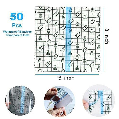 OBTANIM 50 Sheet Transparent Waterproof Stretch Adhesive Bandage Clear Film Dressing Bandages Tape Cover for Tattoo Shower Swimming Protector (8 x 8 Inch)