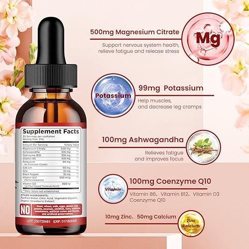 Potassium Magnesium Citrate Supplement, Liquid Magnesium Citrate Drops 500mg with Ashwagandha, Calcium, Zinc, Vitamin D3, B6, B12, CoQ10 - Support Calm & Bone & Muscle & Immune Health Vegan 2 fl oz - görsel 4