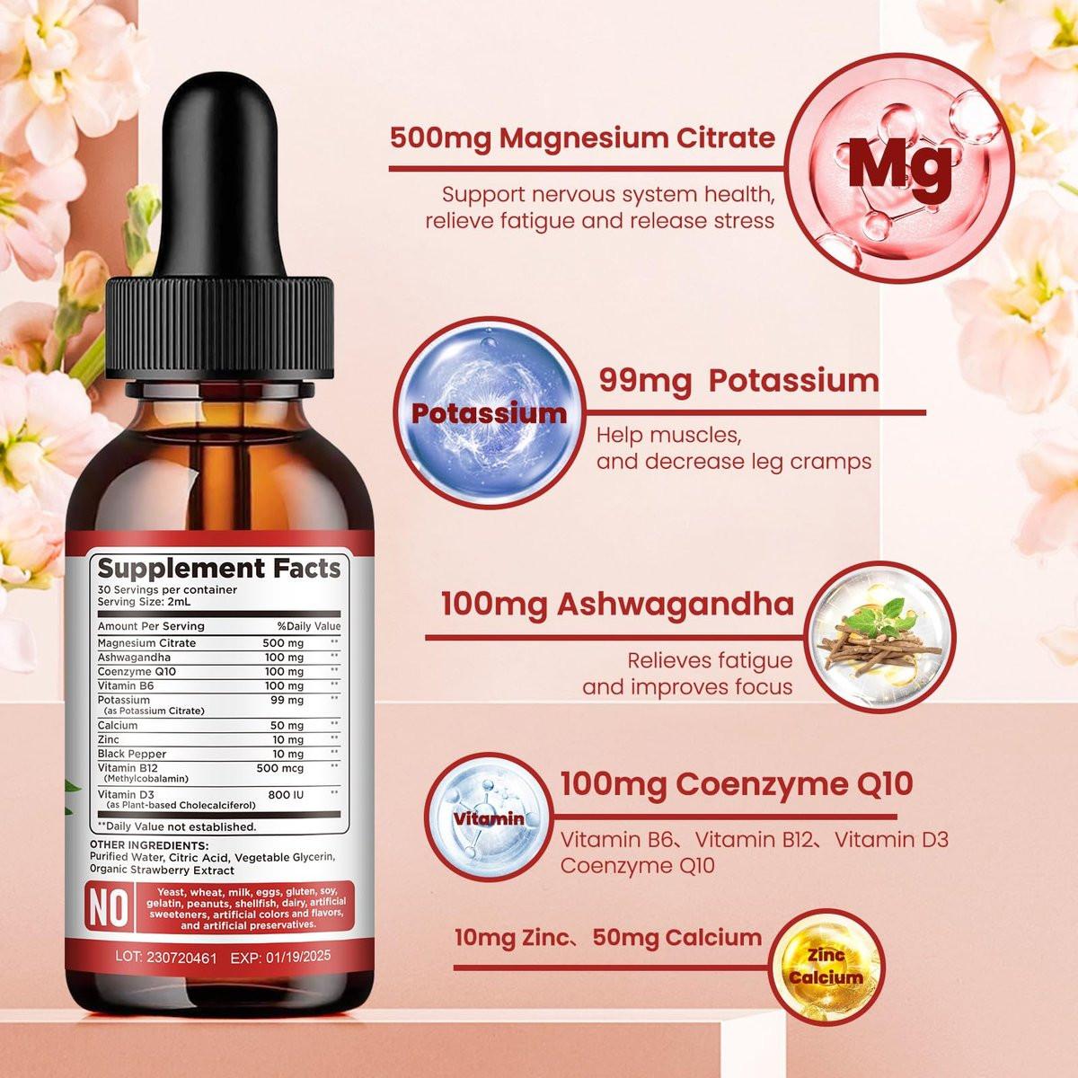 Potassium Magnesium Citrate Supplement, Liquid Magnesium Citrate Drops 500mg with Ashwagandha, Calcium, Zinc, Vitamin D3, B6, B12, CoQ10 - Support Calm & Bone & Muscle & Immune Health Vegan 2 fl oz - görsel 3