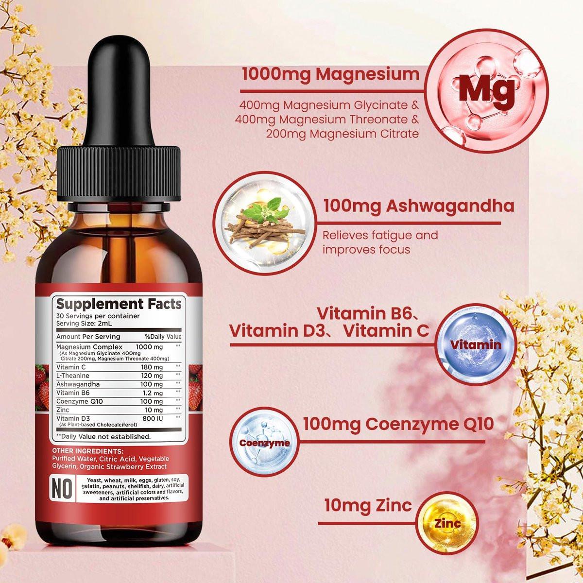 Triple Magnesium Complex Supplement, Magnesium Glycinate, Blend, Citrate Liquid Drops 1000mg with Ashwagandha, CoQ10, Vitamin B6, C, D, Zinc - Support Calm Stress Relief, Bone, Muscle, Mood Vegan - görsel 4
