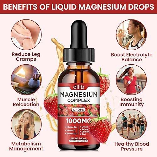 Triple Magnesium Complex Supplement, Magnesium Glycinate, Blend, Citrate Liquid Drops 1000mg with Ashwagandha, CoQ10, Vitamin B6, C, D, Zinc - Support Calm Stress Relief, Bone, Muscle, Mood Vegan - görsel 5
