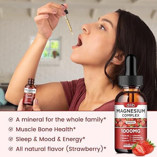 Triple Magnesium Complex Supplement, Magnesium Glycinate, Blend, Citrate Liquid Drops 1000mg with Ashwagandha, CoQ10, Vitamin B6, C, D, Zinc - Support Calm Stress Relief, Bone, Muscle, Mood Vegan - görsel 11