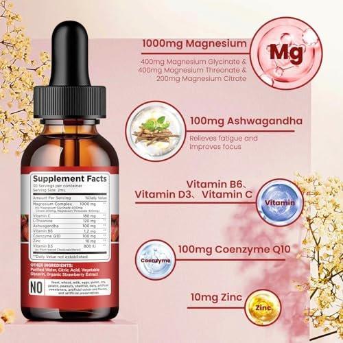 Triple Magnesium Complex Supplement, Magnesium Glycinate, Blend, Citrate Liquid Drops 1000mg with Ashwagandha, CoQ10, Vitamin B6, C, D, Zinc - Support Calm Stress Relief, Bone, Muscle, Mood Vegan - görsel 3