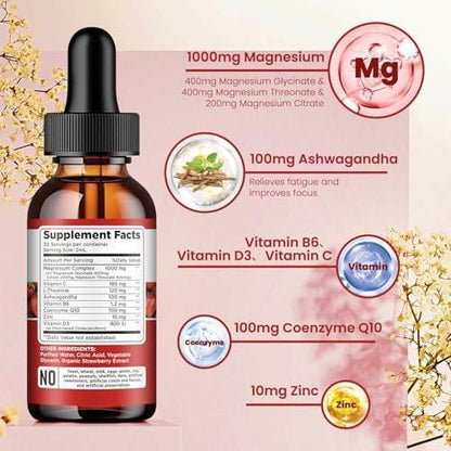 Triple Magnesium Complex Supplement, Magnesium Glycinate, Blend, Citrate Liquid Drops 1000mg with Ashwagandha, CoQ10, Vitamin B6, C, D, Zinc - Support Calm Stress Relief, Bone, Muscle, Mood Vegan