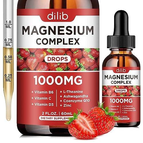 Triple Magnesium Complex Supplement, Magnesium Glycinate, Blend, Citrate Liquid Drops 1000mg with Ashwagandha, CoQ10, Vitamin B6, C, D, Zinc - Support Calm Stress Relief, Bone, Muscle, Mood Vegan - görsel 1
