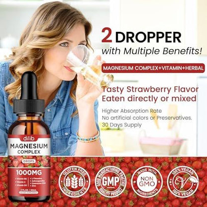Triple Magnesium Complex Supplement, Magnesium Glycinate, Blend, Citrate Liquid Drops 1000mg with Ashwagandha, CoQ10, Vitamin B6, C, D, Zinc - Support Calm Stress Relief, Bone, Muscle, Mood Vegan