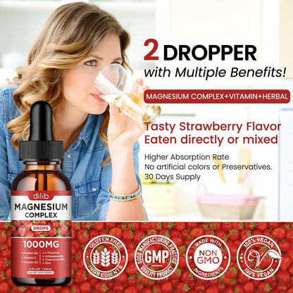 Triple Magnesium Complex Supplement, Magnesium Glycinate, Blend, Citrate Liquid Drops 1000mg with Ashwagandha, CoQ10, Vitamin B6, C, D, Zinc - Support Calm Stress Relief, Bone, Muscle, Mood Vegan
