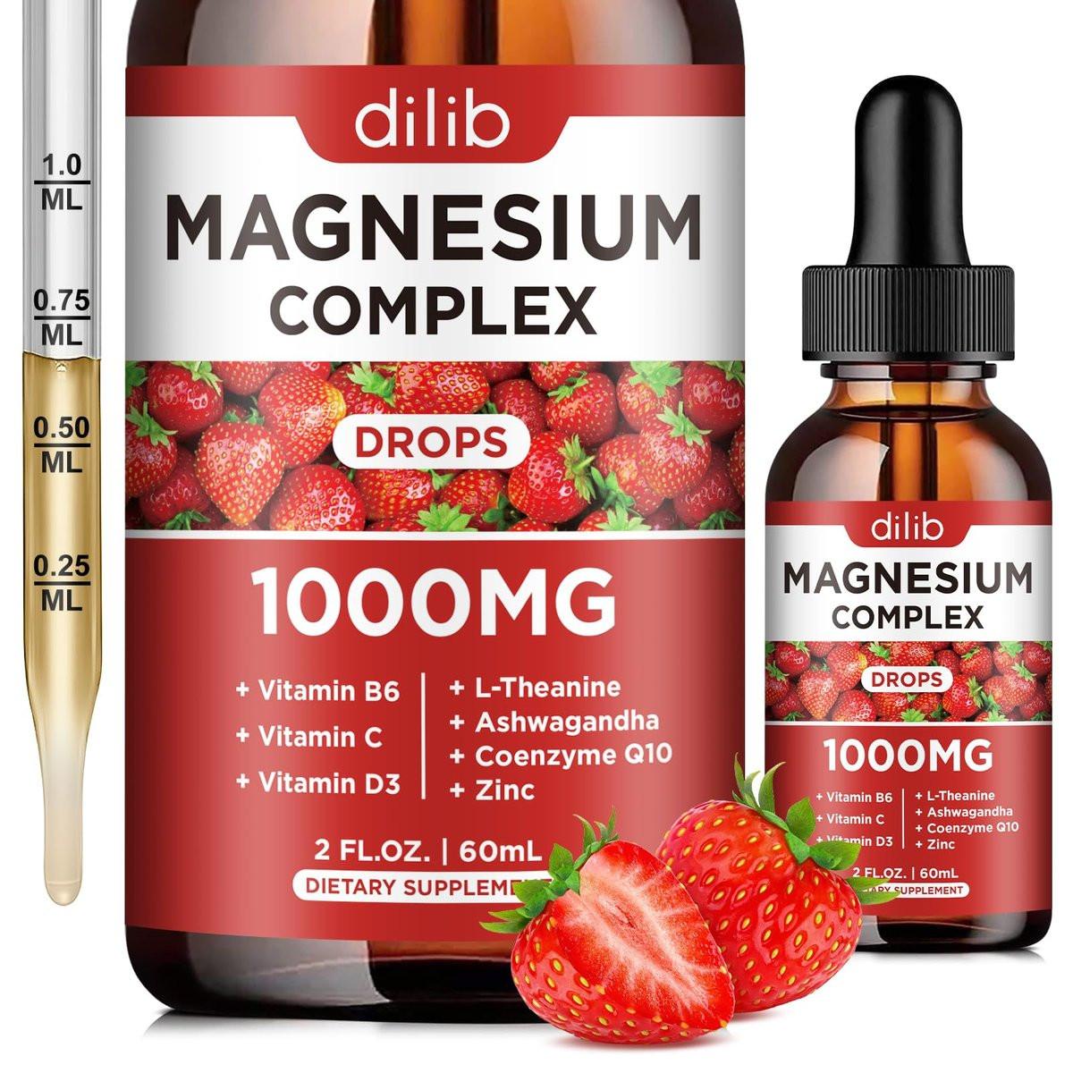Triple Magnesium Complex Supplement, Magnesium Glycinate, Blend, Citrate Liquid Drops 1000mg with Ashwagandha, CoQ10, Vitamin B6, C, D, Zinc - Support Calm Stress Relief, Bone, Muscle, Mood Vegan - görsel 2
