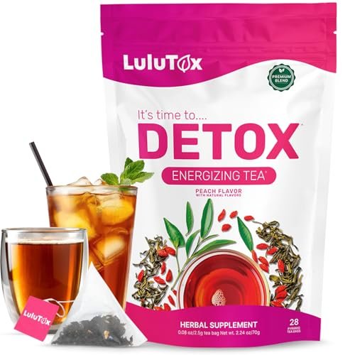 LULUTOX Detox Tea - Herbal Blend with Dandelion, Ginseng, and Ginger - Supports A Healthy Weight, Digestive Health - Vegan, All Natural, Laxative-Free - Peach Flavor (28 Servings) - görsel 2