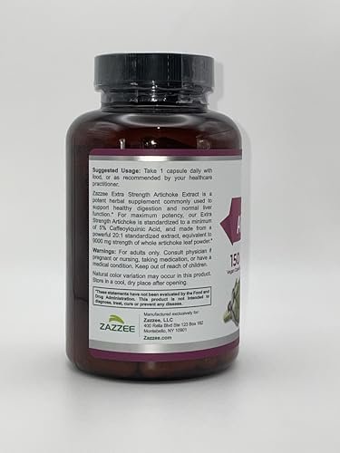 Zazzee Extra Strength Artichoke 20:1 Extract, 5% Caffeoylquinic Acid, 150 Vegan Capsules, 5 Month Supply, Cynara Scolymus, Digestive & Liver Detox Support, Herbal Supplement, Non-GMO, Made in the USA - görsel 5