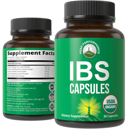 USDA Organic IBS Capsules for Relief, Ingestion, Bloating, Gas - Irritable Bowel Supplement with 5 Handpicked Organic Ingredients - Peppermint Oil, Sea Buckthorn, Fennel Seed, Rosemary Leaf, Basil