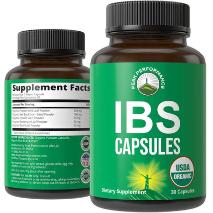 USDA Organic IBS Capsules for Relief, Ingestion, Bloating, Gas - Irritable Bowel Supplement with 5 Handpicked Organic Ingredients - Peppermint Oil, Sea Buckthorn, Fennel Seed, Rosemary Leaf, Basil