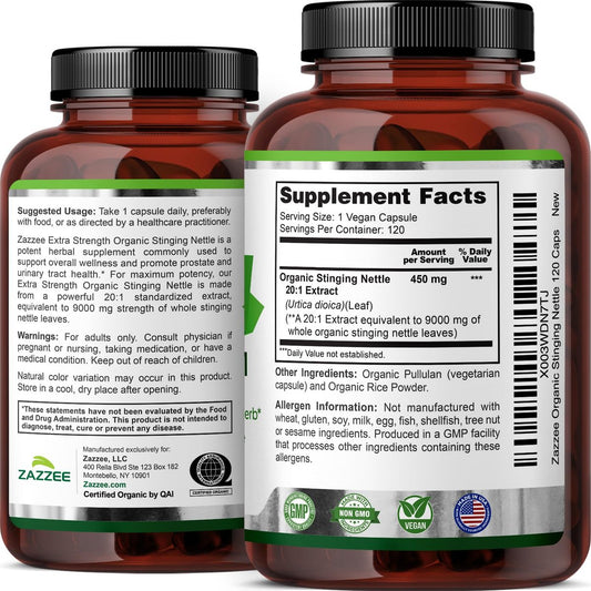 Zazzee USDA Organic Stinging Nettle Leaf 20:1 Extract, 120 Vegan Capsules, 4 Month Supply, Urtica Dioica, Respiratory, Immune & Seasonal Wellness Support, Organic Herbal Supplement, Made in the USA